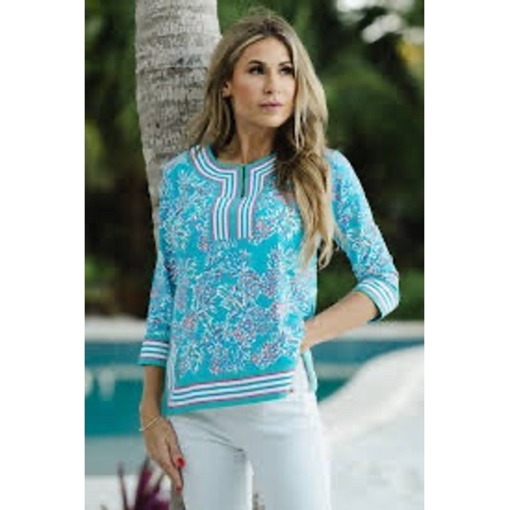 Jean-Pierre Klifa Paris Turquoise Pineapple Print Tunic Top 3/4 Sleeve Large